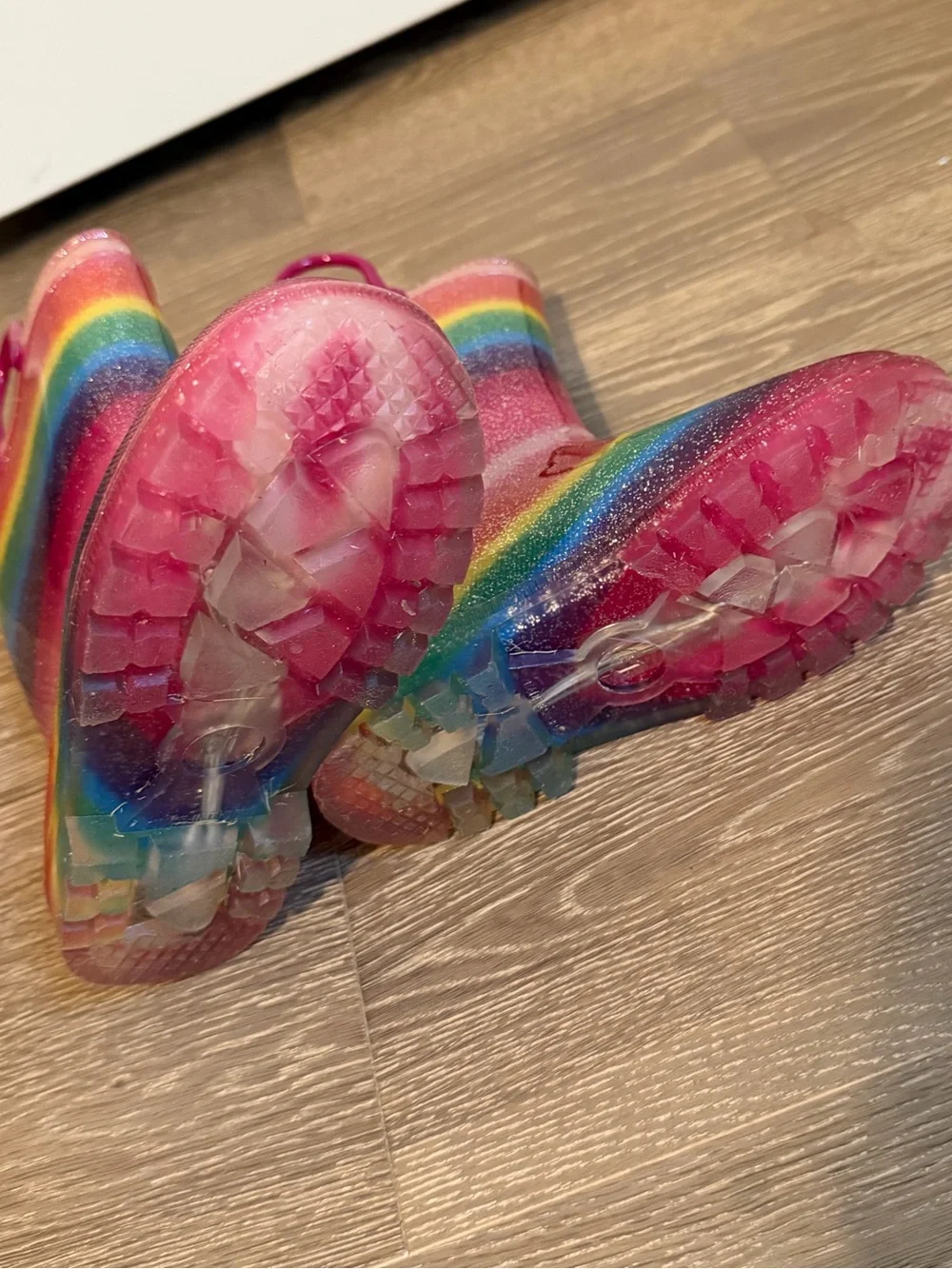 Kids Rainbow Glitter Light Up Rain Boots with Pink Handles